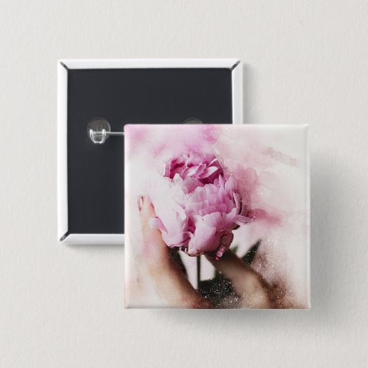 Roze Roos en Hand Vierkante Button 5,1 Cm (Voorkant /achterkant)
