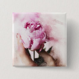 Roze Roos en Hand Vierkante Button 5,1 Cm