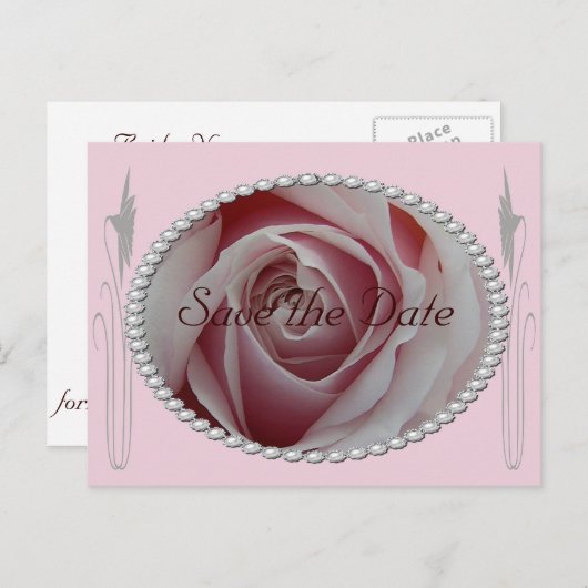 Roze Roos en Parels Save the Date Design Aankondigingskaart (Voorkant / Achterkant)