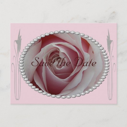 Roze Roos en Parels Save the Date Design Aankondigingskaart (Voorkant)