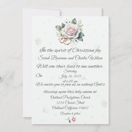 Roze Roos en Ringen Christelijke bruiloft uitnodig Kaart (Voorkant)
