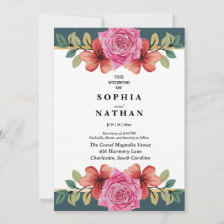 Roze Roos en Teal Bloemen Bruiloft Uitnodiging