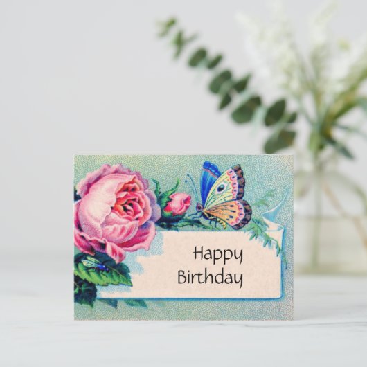 Roze roos en vlinder: Gelukkige Verjaardag Briefkaart (Staand voorkant)