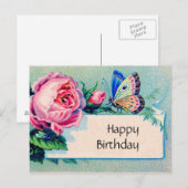 Roze roos en vlinder: Gelukkige Verjaardag Briefkaart (Voorkant / Achterkant)