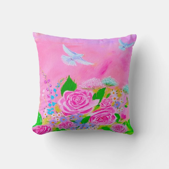 Roze roos en witte duiven kussen ontwerp (Voorkant)