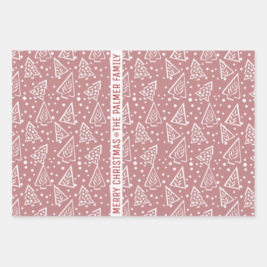 Roze roos en witte kerstbomen inpakpapier vel (Voorkant 3)