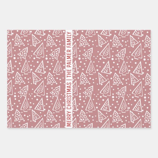Roze roos en witte kerstbomen inpakpapier vel (Voorkant)