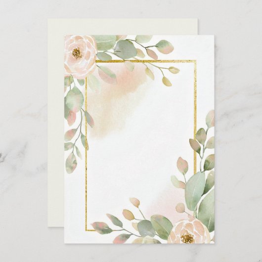 Roze roos, eucalyptus en gouden lijst blanco bruil kaart (Voorkant / Achterkant)