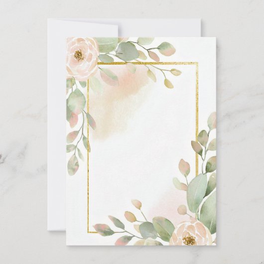 Roze roos, eucalyptus en gouden lijst blanco bruil kaart (Voorkant)