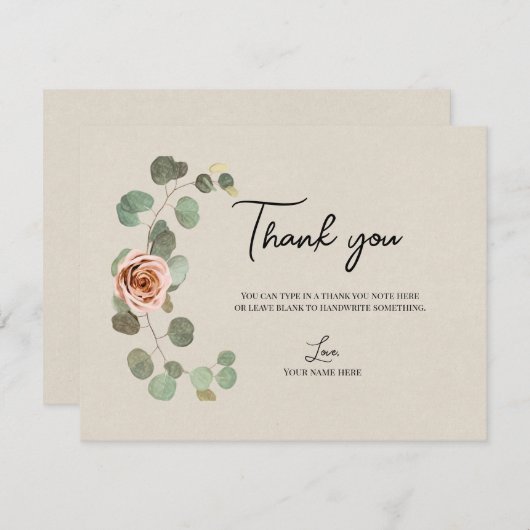 Roze Roos & Eucalyptus Hart Rustiek Dank u Kaart (Voorkant / Achterkant)