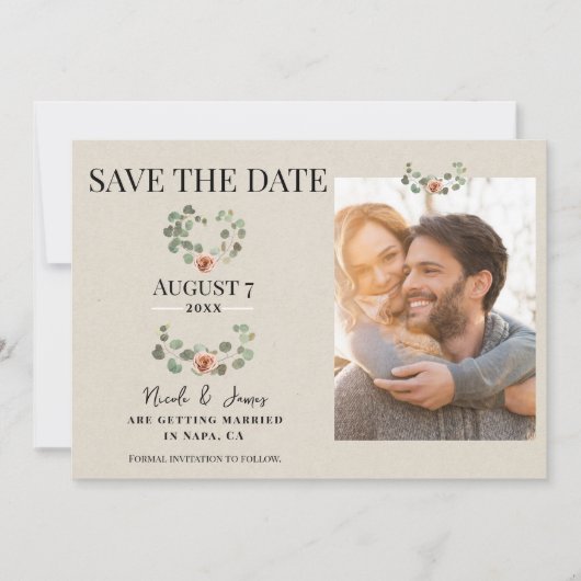 Roze Roos & Eucalyptus Hart Rustiek Save the Date Kaart (Voorkant)