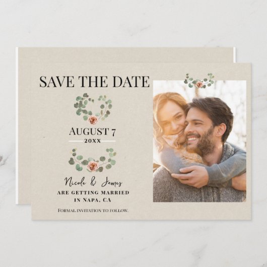 Roze Roos & Eucalyptus Hart Rustiek Save the Date Kaart (Voorkant / Achterkant)