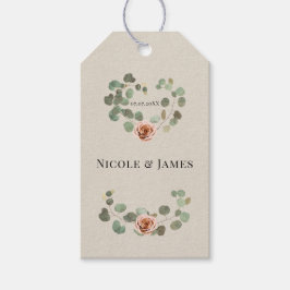 Roze Roos & Eucalyptus Hart Rustieke Bruiloft Cadeaulabel