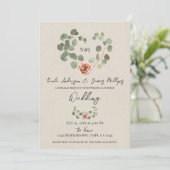 Roze Roos & Eucalyptus Hart Rustieke Bruiloft Kaart (Staand voorkant)