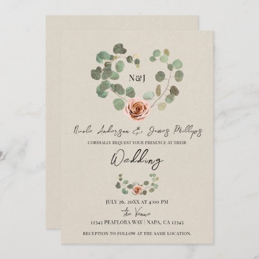 Roze Roos & Eucalyptus Hart Rustieke Bruiloft Kaart (Voorkant / Achterkant)