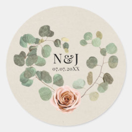 Roze Roos & Eucalyptus Hart Rustieke Bruiloft Ronde Sticker
