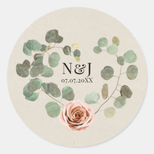 Roze Roos & Eucalyptus Hart Rustieke Bruiloft Ronde Sticker
