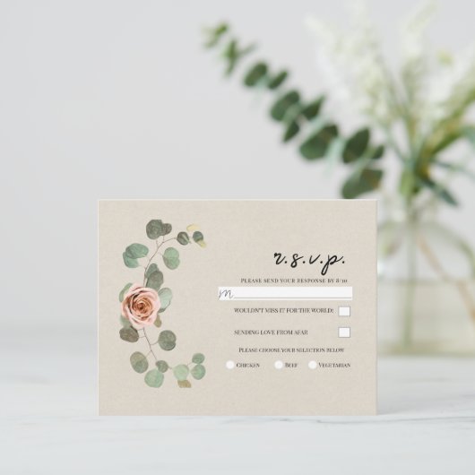 Roze Roos & Eucalyptus Hart Rustieke Bruiloft RSVP Kaart (Staand voorkant)