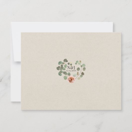 Roze Roos & Eucalyptus Hart Rustieke Bruiloft RSVP Kaart (Achterkant)