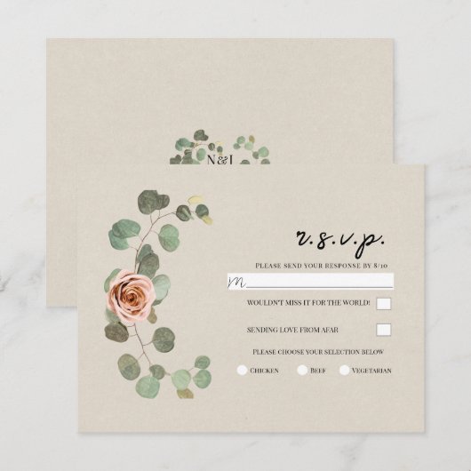 Roze Roos & Eucalyptus Hart Rustieke Bruiloft RSVP Kaart (Voorkant / Achterkant)