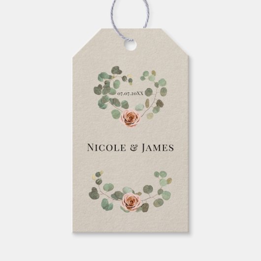 Roze Roos & Eucalyptus Hart Rustieke Trouwdag Cadeaulabel (Voorkant)