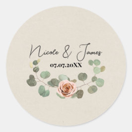 Roze Roos & Eucalyptus Hart Rustieke Trouwdag Ronde Sticker