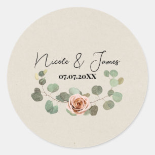 Roze Roos & Eucalyptus Hart Rustieke Trouwdag Ronde Sticker