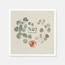 Roze Roos & Eucalyptus Hart Rustieke Trouwdag Servet