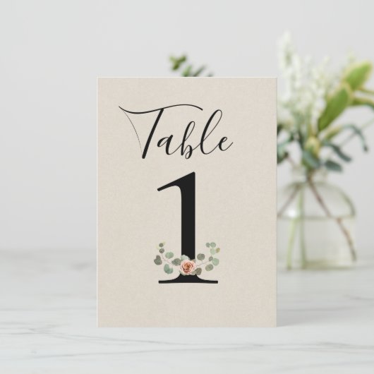 Roze Roos & Eucalyptus Hart Trouwtafel Nummer Kaart (Staand voorkant)