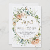 Roze Roos Eucalyptus Tweeling Meisjes Baby Shower Kaart (Voorkant)