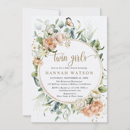 Roze Roos Eucalyptus Tweeling Meisjes Baby Shower Kaart (Voorkant)