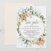 Roze Roos Eucalyptus Tweeling Meisjes Baby Shower Kaart (Voorkant / Achterkant)