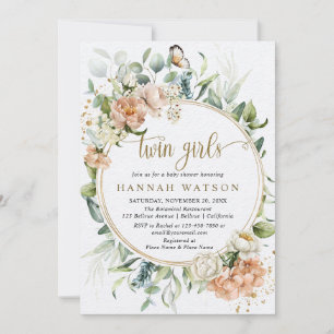 Roze Roos Eucalyptus Tweeling Meisjes Baby Shower Kaart