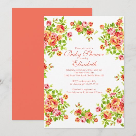  Roze Roos Floral BabyShower Kaart (Voorkant / Achterkant)