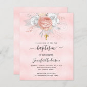 Roze roos florals meisje budget doop uitnodiging (Voorkant / Achterkant)