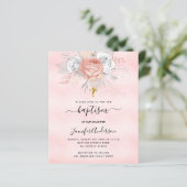 Roze roos florals meisje budget doop uitnodiging (Staand voorkant)
