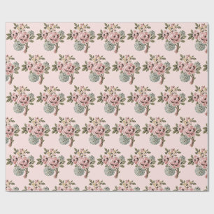 Roze Roos Folk Art Botanische Bloemstuk Vintage Cadeaupapier