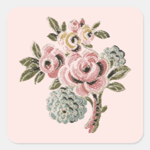 Roze Roos Folk Art Botanische Bloemstuk Vintage Vierkante Sticker