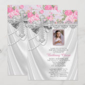 Roze roos foto eerste communie wit satijn kaart (Voorkant / Achterkant)