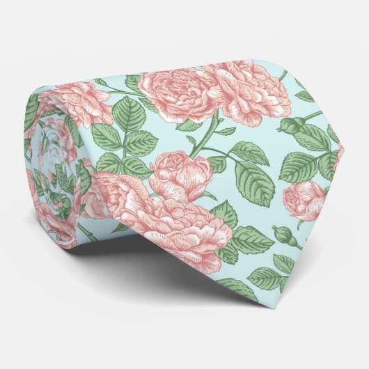 Roze Roos Garden Bouquet Patroon Stropdas (Opgerold)