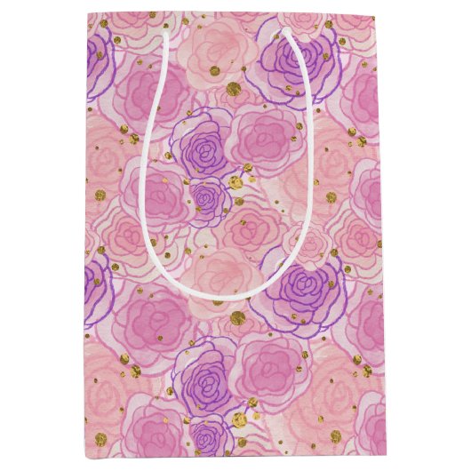 Roze Roos Glitter Floral Wrapping Paper Medium Cadeauzakje (Voorkant)