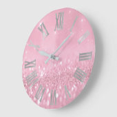 Roze Roos Glitter Gray Roman Numbers Grote Klok (Hoek)