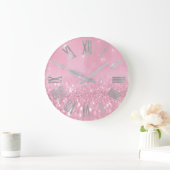 Roze Roos Glitter Gray Roman Numbers Grote Klok (Huis)