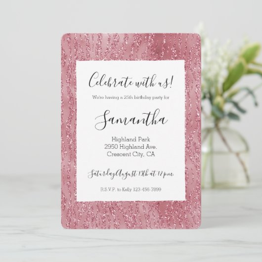 Roze Roos Glitter Zebra Dierenprint Kaart (Staand voorkant)