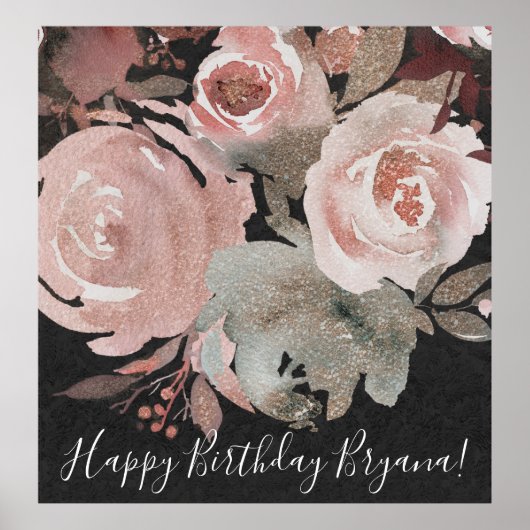 Roze Roos Glitterrozen Donkere Bloemrijke Glam Bru Poster (Voorkant)