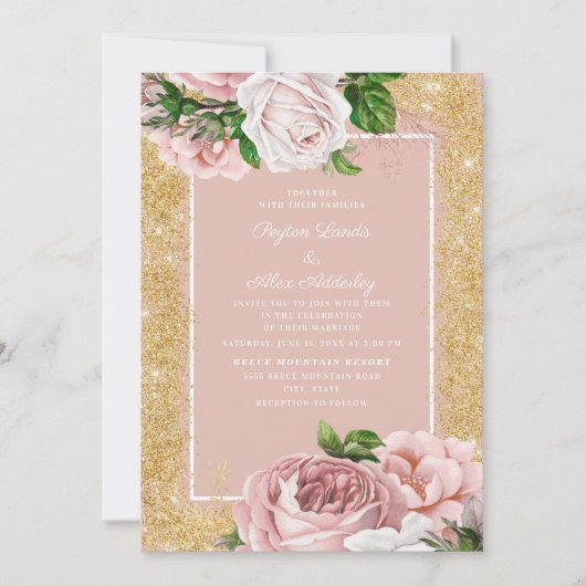  roze Roos Gold Glitter Wedding Kaart (Voorkant)