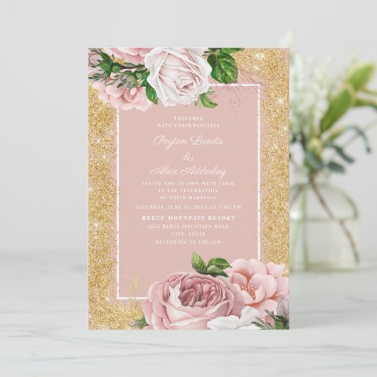  roze Roos Gold Glitter Wedding Kaart (Staand voorkant)