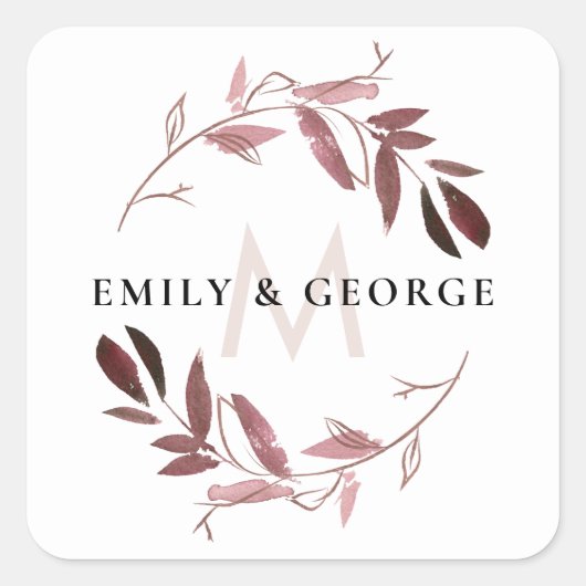 ROZE ROOS GOUD BLADERBLAD MONOGRAM KRANS BRUILOFT VIERKANTE STICKER (Voorkant)