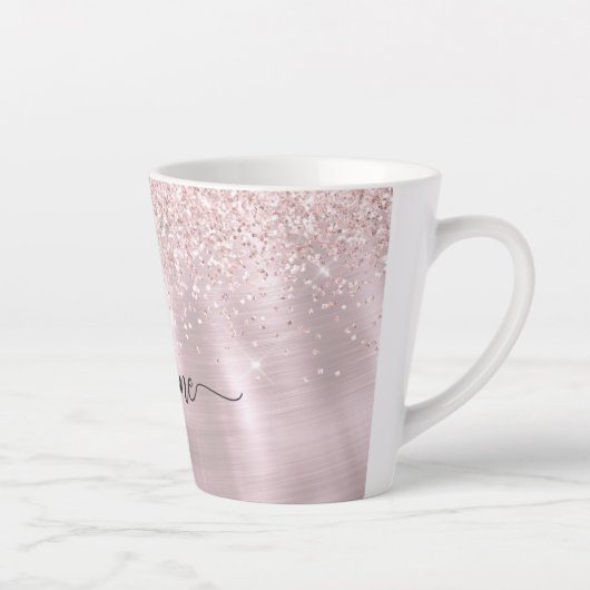 Roze Roos Goud Glitter Metaal Monogram Girlige Blu Latte Mok (Rechts)