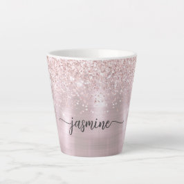 Roze Roos Goud Glitter Metaal Monogram Girlige Blu Latte Mok
